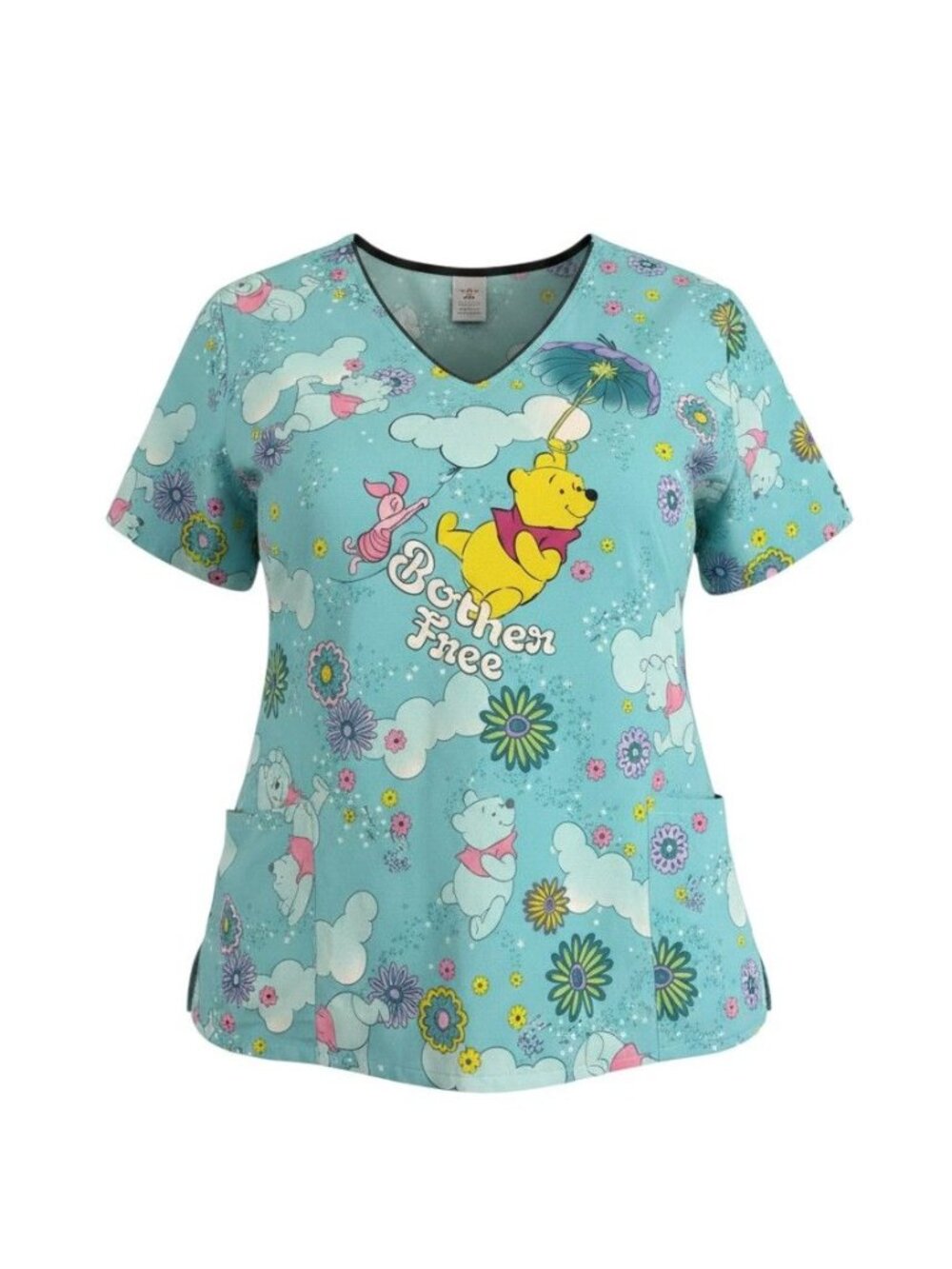 Disney Winnie The Pooh Womens Scrub Top Bother Free Print 3XL Blue Short Sleeve